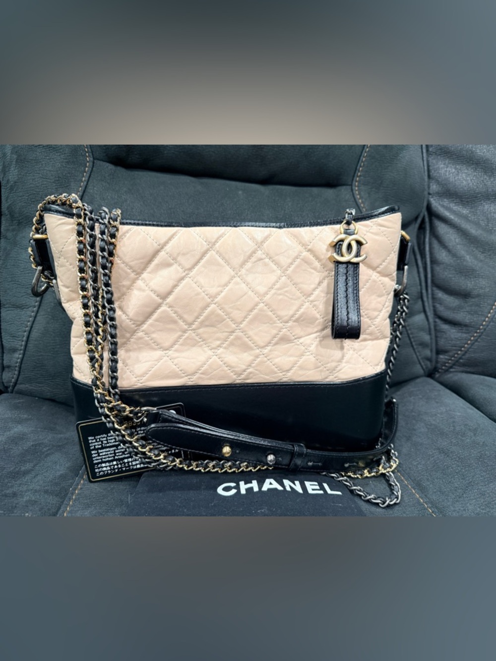 CHANEL gabrielle hobo  Two-Tone Quilted Leather Shoulder Bag in Beige and Black